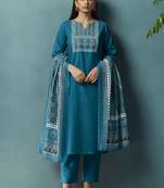 Blue printed cotton blend straight