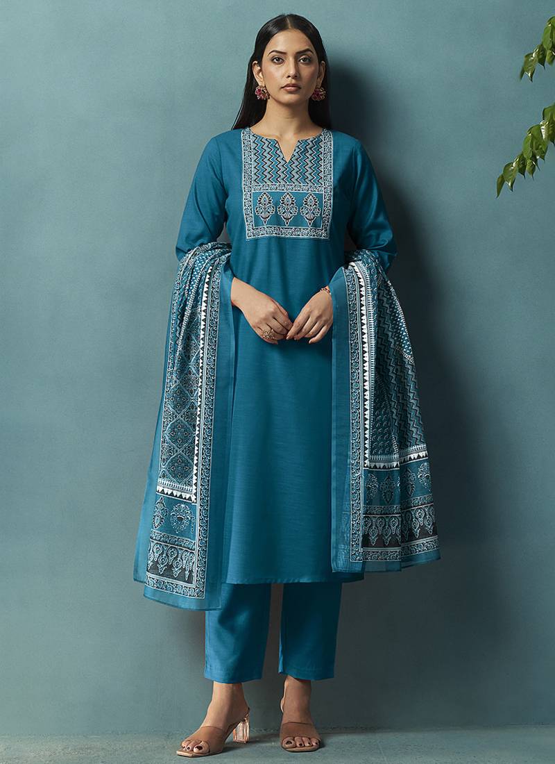 Blue printed cotton blend straight