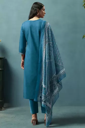 Blue printed cotton blend straight