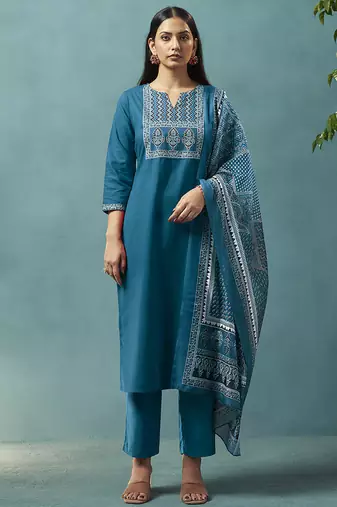 Blue printed cotton blend straight