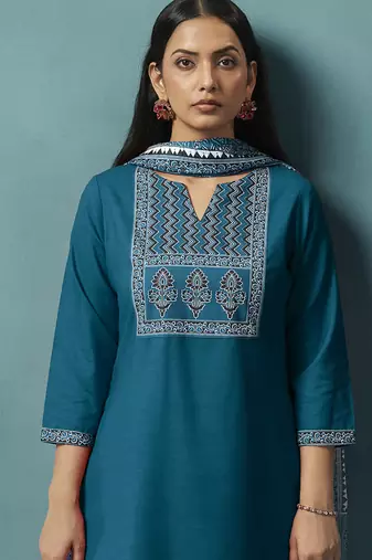 Blue printed cotton blend straight