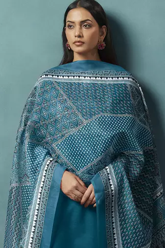 Blue printed cotton blend straight
