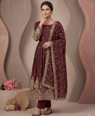 Maroon colour embroidered georgette anarkali suit set with dupatta & pant 1
