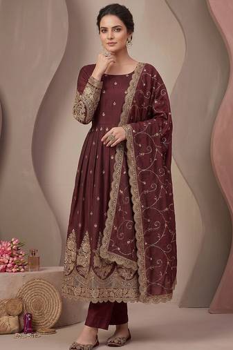 Maroon colour embroidered georgette anarkali suit set with dupatta & pant