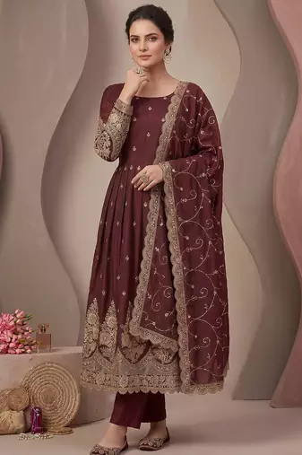 Maroon colour embroidered georgette anarkali suit set with dupatta & pant