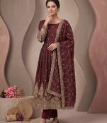 Maroon colour embroidered georgette anarkali suit set with dupatta & pant