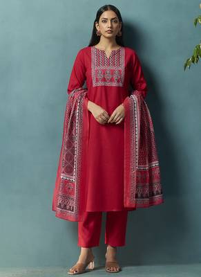 Red printed cotton blend straight 1