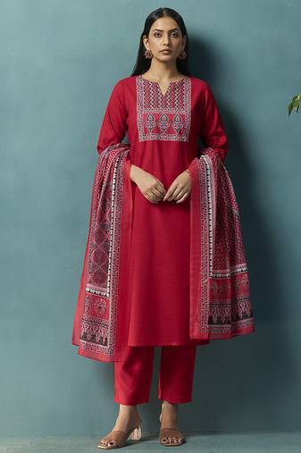 Red printed cotton blend straight