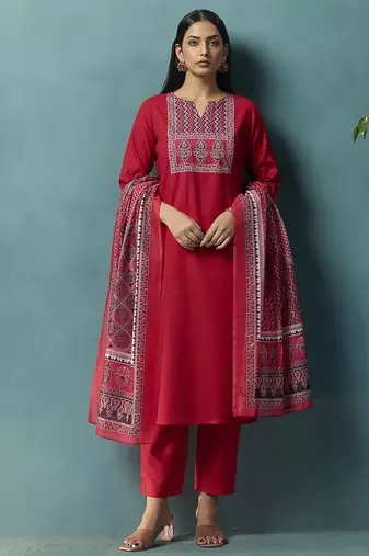 Red printed cotton blend straight