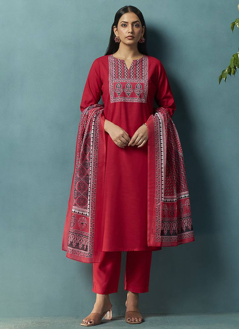 Red printed cotton blend straight