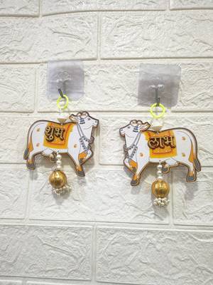 handmade mdf cow shubh labh hanging  side door & wall hanging with latkan decor hanging pack of 2 (small127) 1