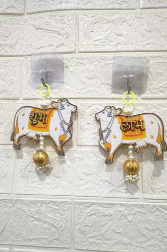 handmade mdf cow shubh labh hanging  side door & wall hanging with latkan decor hanging pack of 2 (small127)