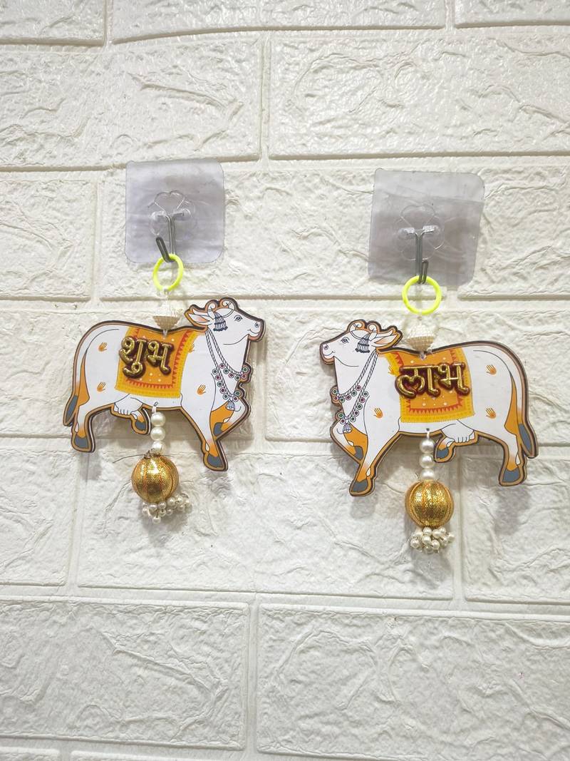 handmade mdf cow shubh labh hanging  side door & wall hanging with latkan decor hanging pack of 2 (small127)