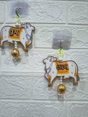handmade mdf cow shubh labh hanging  side door & wall hanging with latkan decor hanging pack of 2 (small127) 2