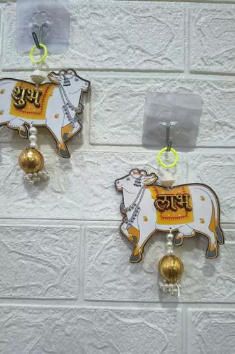 handmade mdf cow shubh labh hanging  side door & wall hanging with latkan decor hanging pack of 2 (small127)