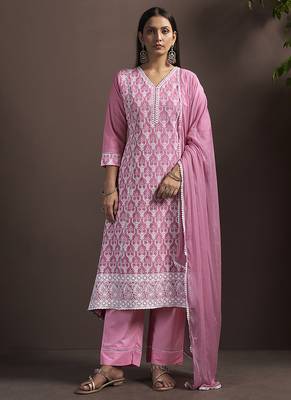 Pink embroidered schiffly pure cotton straight 1