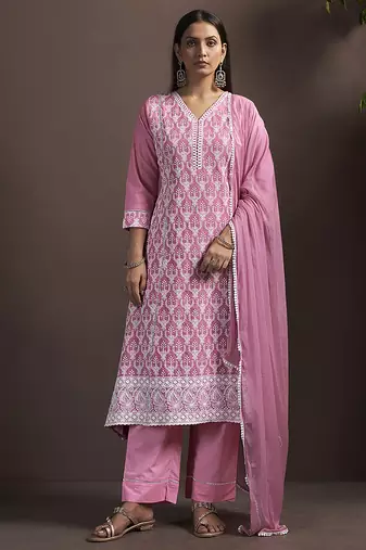Pink embroidered schiffly pure cotton straight