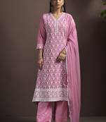 Pink embroidered schiffly pure cotton straight
