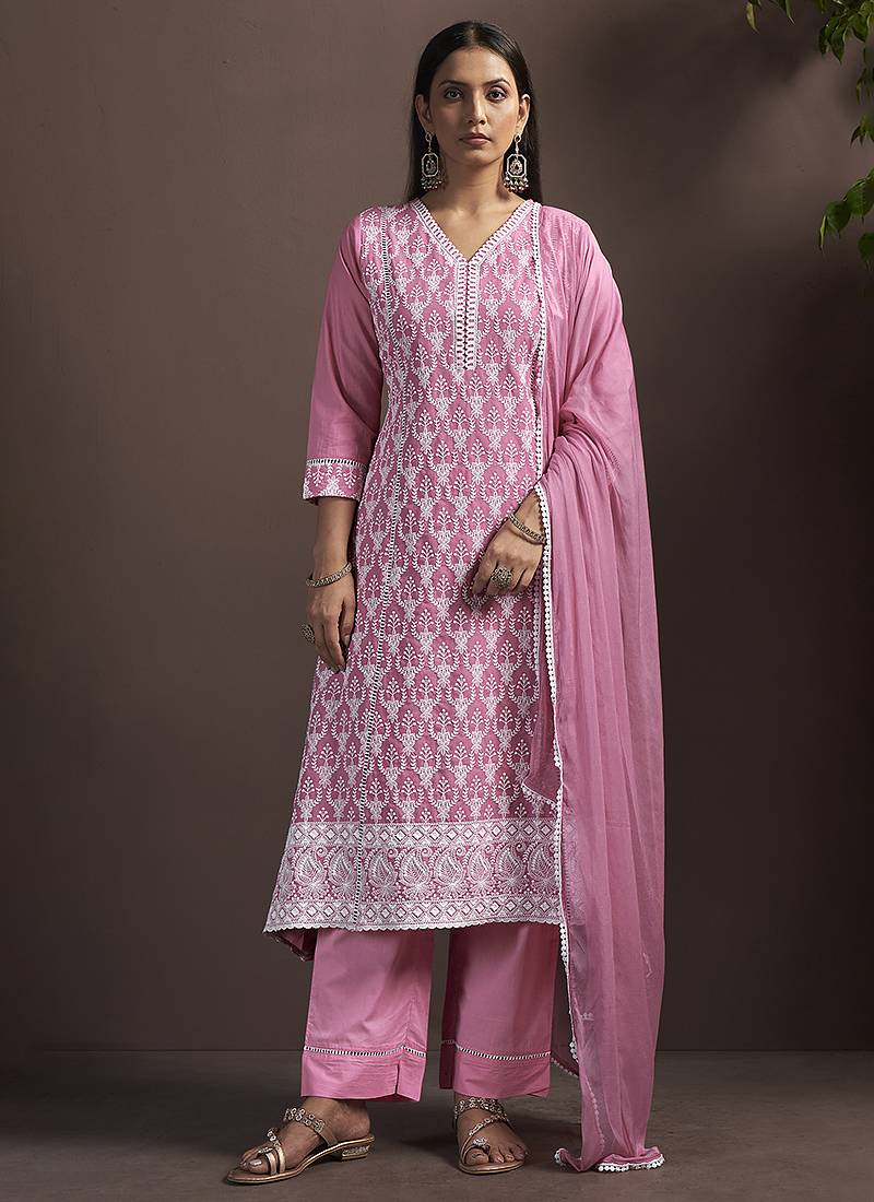 Pink embroidered schiffly pure cotton straight
