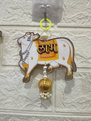 handmade mdf cow shubh labh hanging  side door & wall hanging with latkan decor hanging pack of 2 (small127) 3