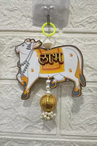 handmade mdf cow shubh labh hanging  side door & wall hanging with latkan decor hanging pack of 2 (small127)