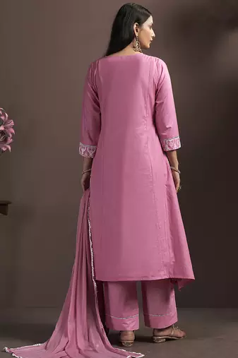 Pink embroidered schiffly pure cotton straight