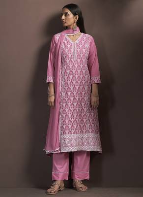 Pink embroidered schiffly pure cotton straight 3