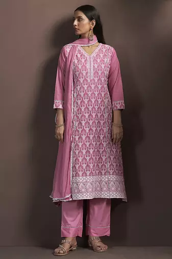 Pink embroidered schiffly pure cotton straight