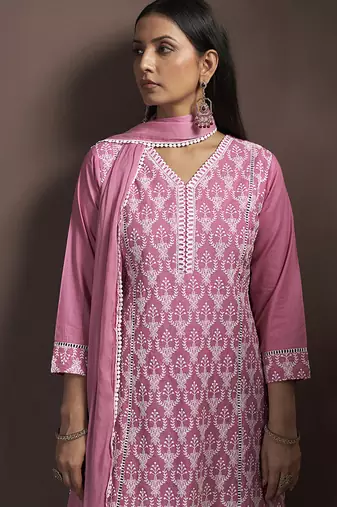 Pink embroidered schiffly pure cotton straight