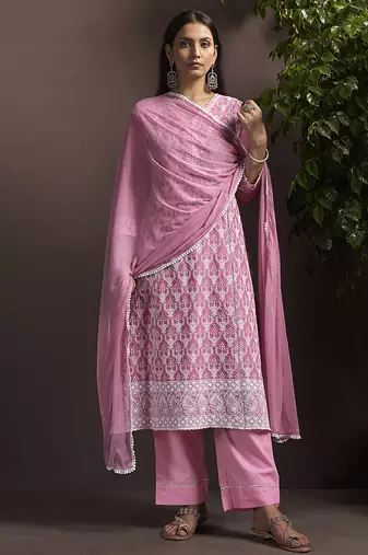 Pink embroidered schiffly pure cotton straight