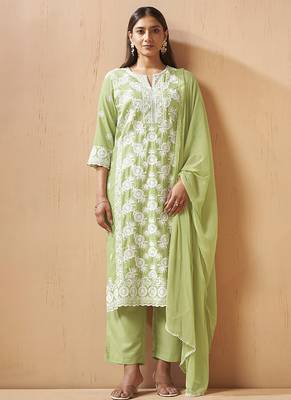 Pista green embroidered schiffly cotton blend straight 1
