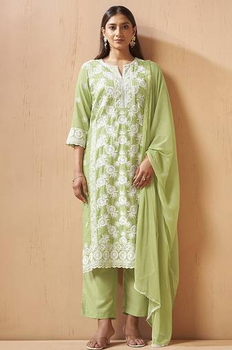 Pista green embroidered schiffly cotton blend straight