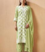Pista green embroidered schiffly cotton blend straight