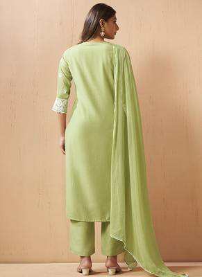Pista green embroidered schiffly cotton blend straight 2