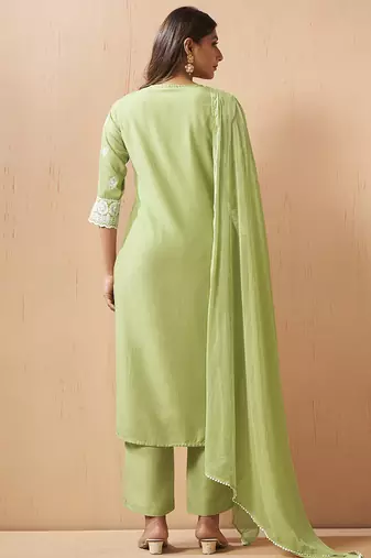 Pista green embroidered schiffly cotton blend straight