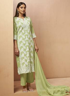 Pista green embroidered schiffly cotton blend straight 3