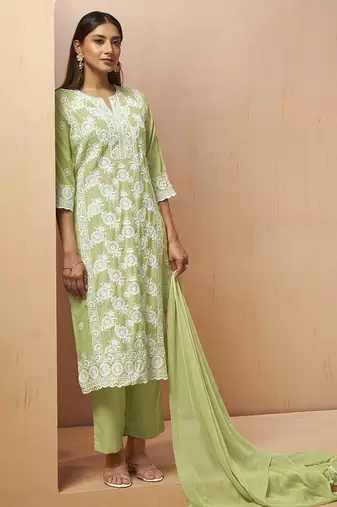 Pista green embroidered schiffly cotton blend straight