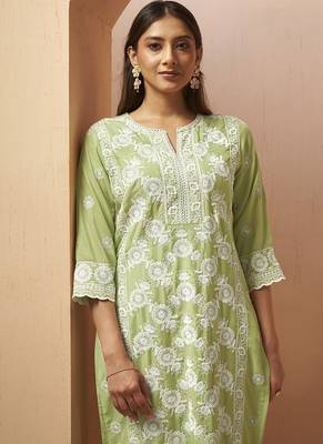 Pista green embroidered schiffly cotton blend straight 4