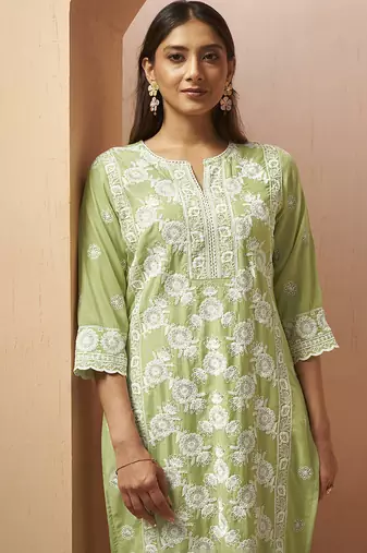 Pista green embroidered schiffly cotton blend straight