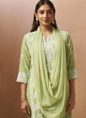 Pista green embroidered schiffly cotton blend straight 5