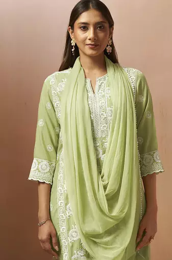 Pista green embroidered schiffly cotton blend straight
