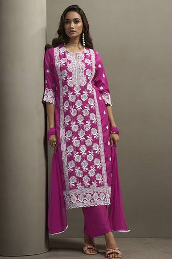 Pink embroidered chinnon straight