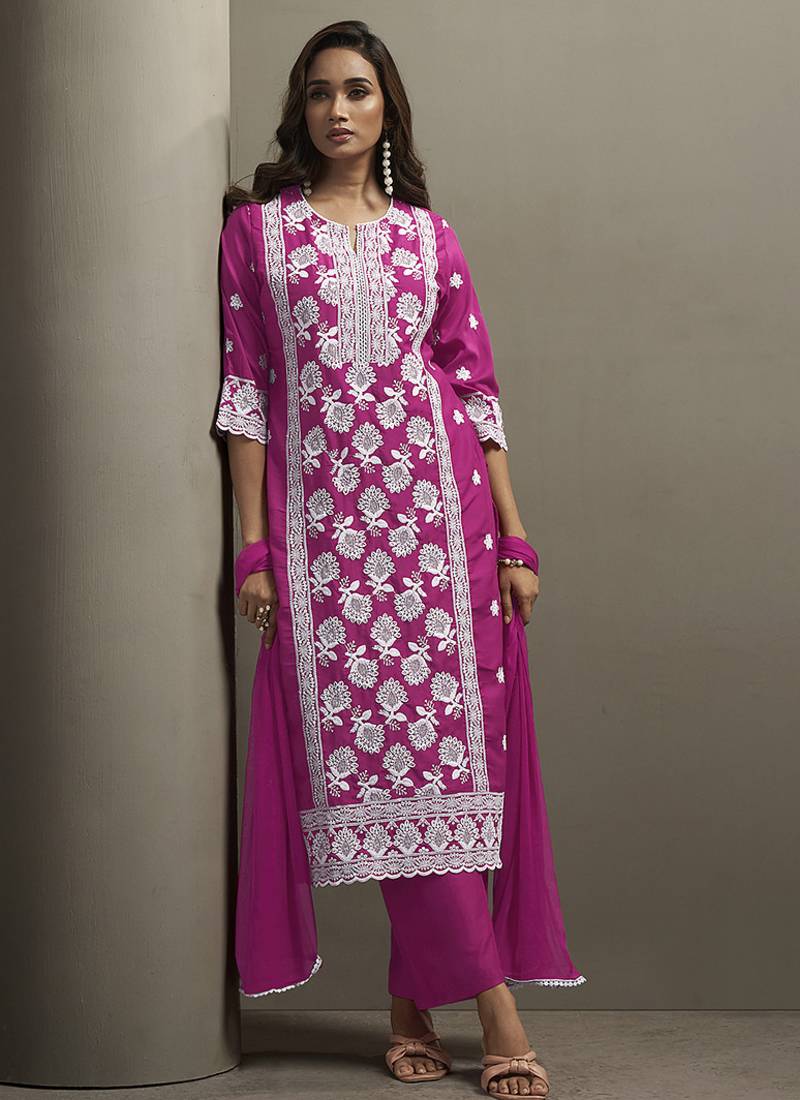 Pink embroidered chinnon straight