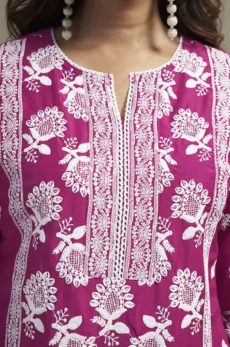 Pink embroidered chinnon straight
