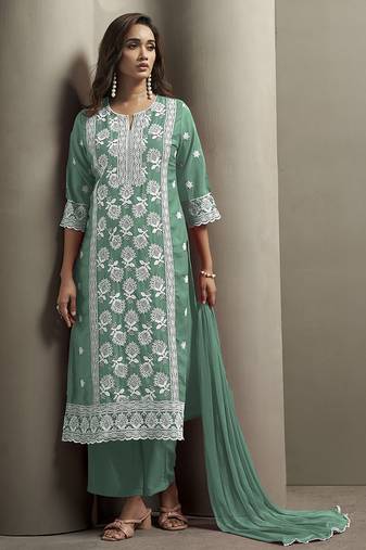 Pista green embroidered chinnon straight