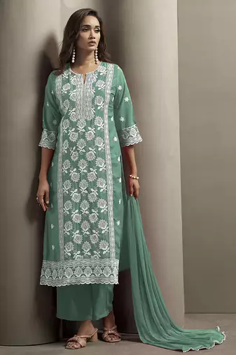 Pista green embroidered chinnon straight