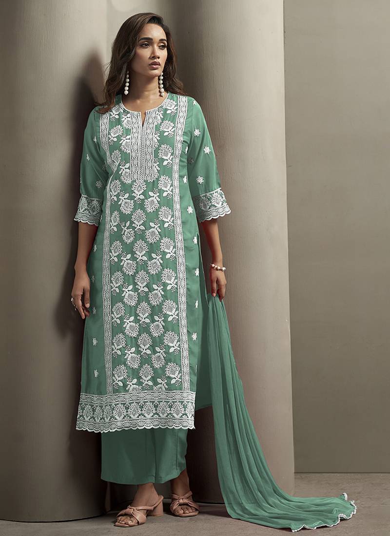 Pista green embroidered chinnon straight