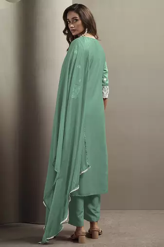 Pista green embroidered chinnon straight