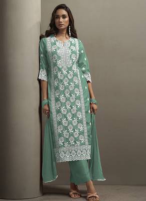 Pista green embroidered chinnon straight 3