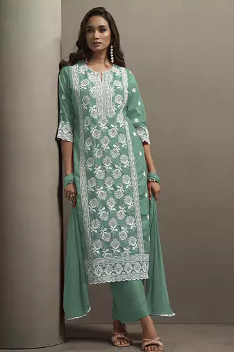 Pista green embroidered chinnon straight